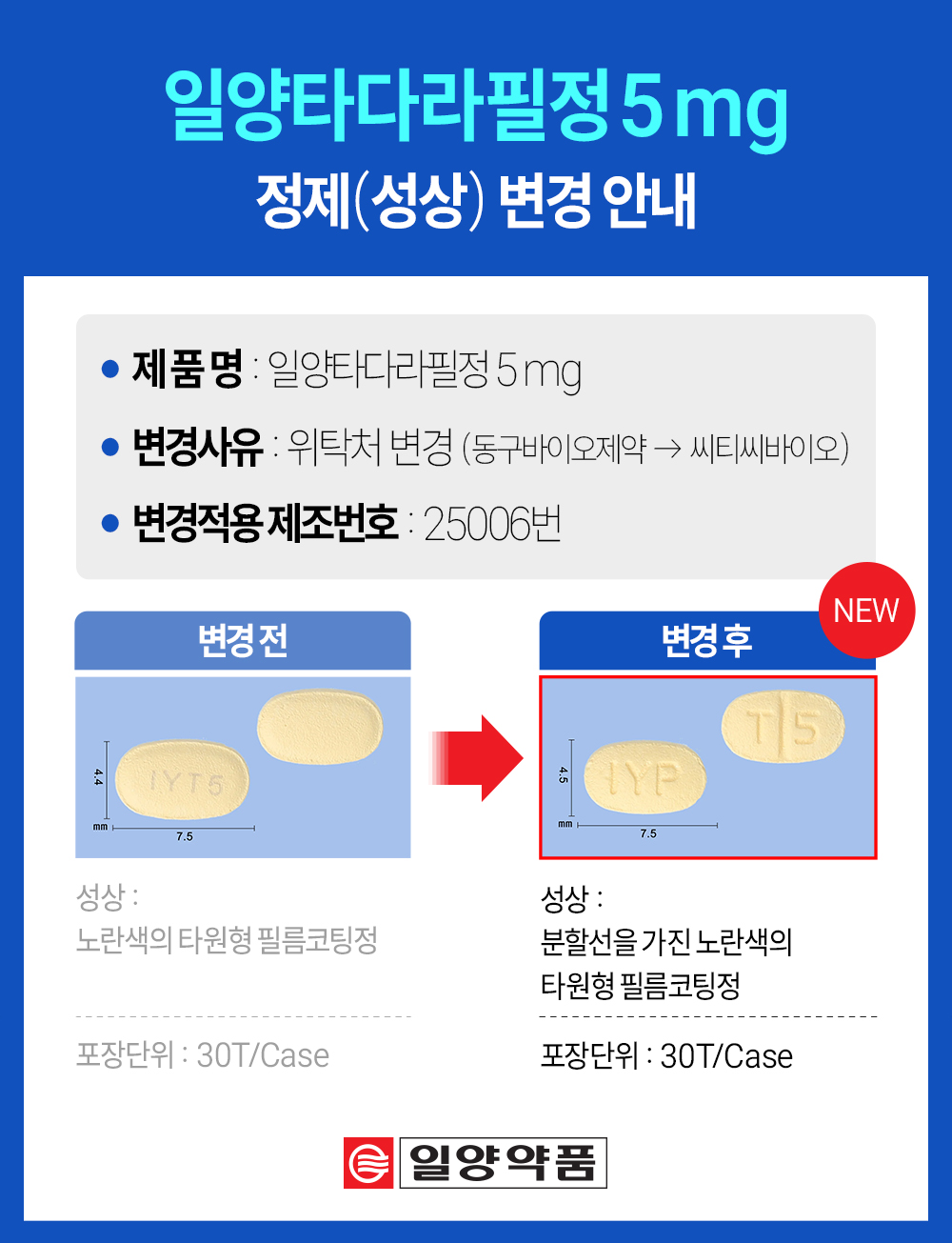 일양타다라필정5mg 포장단위 및 정제(성상) 변경 안내